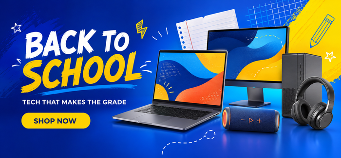 A promotional back-to-school tech banner with the text 'BACK TO SCHOOL' in large white and yellow lettering over a blue background. Visible products include a laptop, tablet, monitor, headphones, speaker, and a black electronic device, with a small 'KEANS' logo in the lower right.