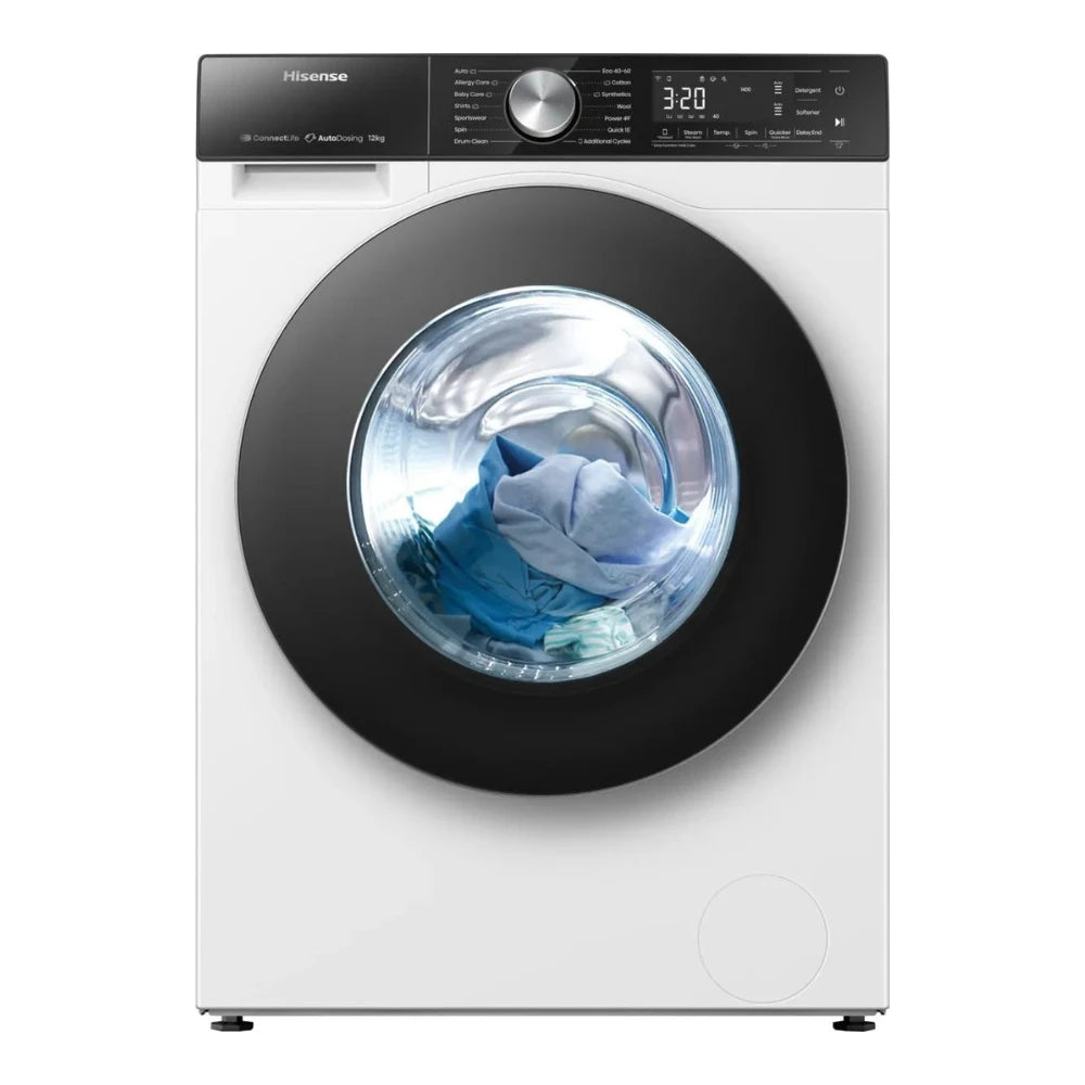 Hisense 5S Series white front-load washing machine with clothes visible inside the drum and control panel on top.