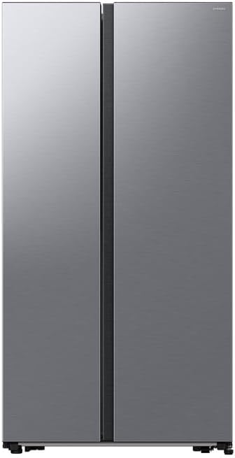 Samsung Series 6 stainless steel side-by-side fridge freezer with plain doors and black central handle strip.