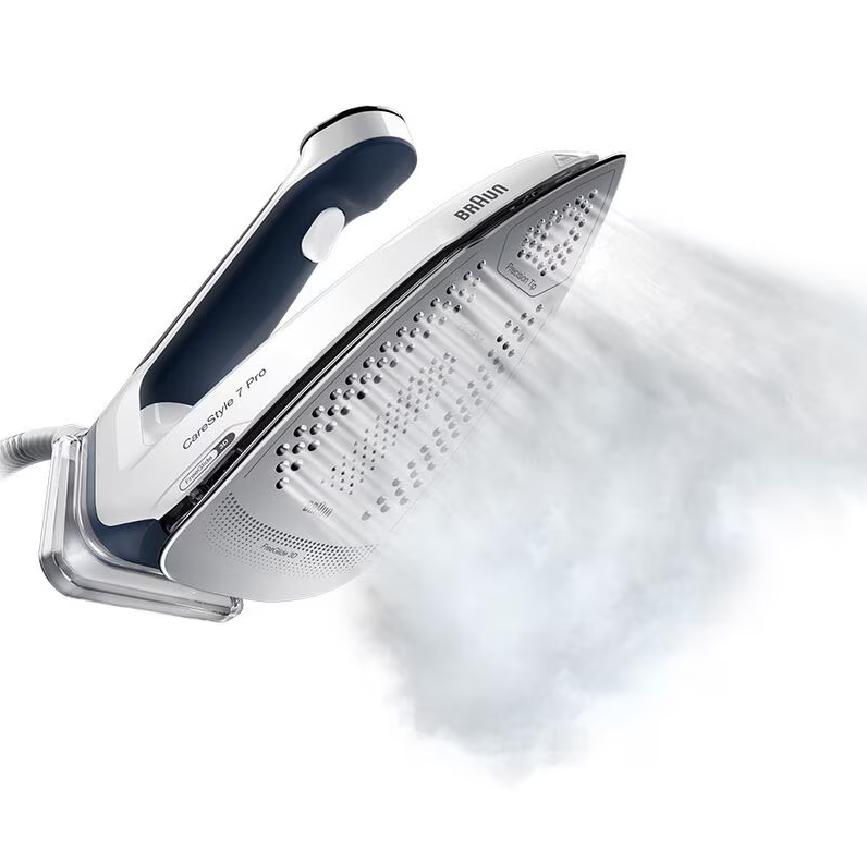 Braun Steam Generator Iron releasing steam from its soleplate, angled to show handle and steam holes.