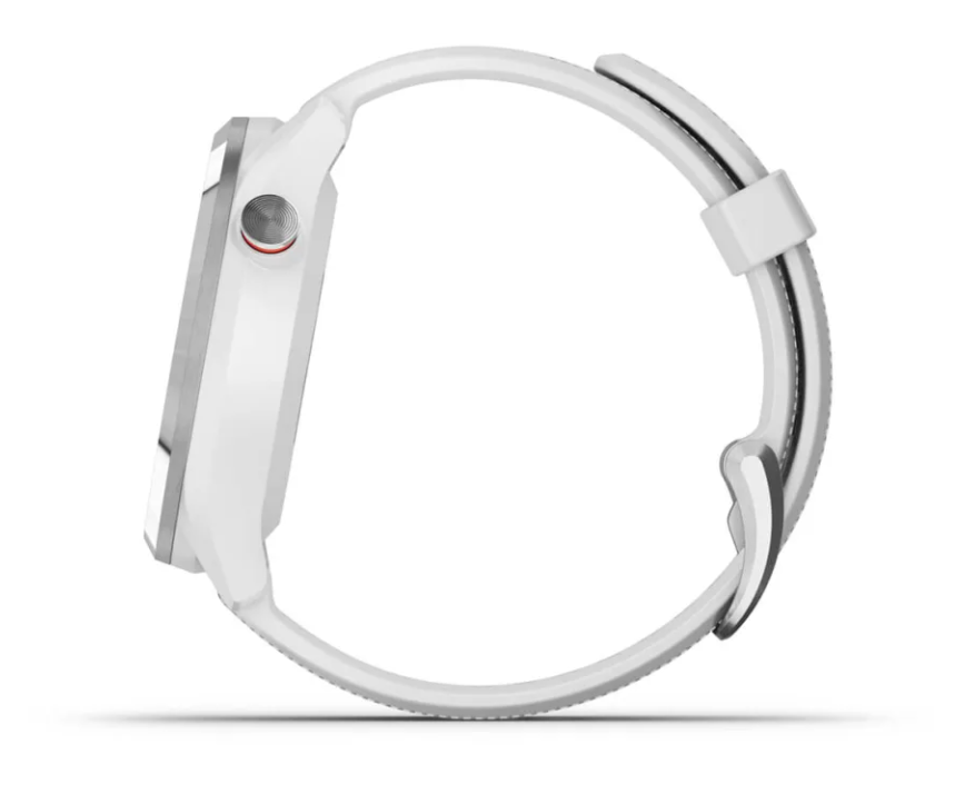 Side view of Garmin Approach S42 Golf GPS watch with white band and stainless steel case.
