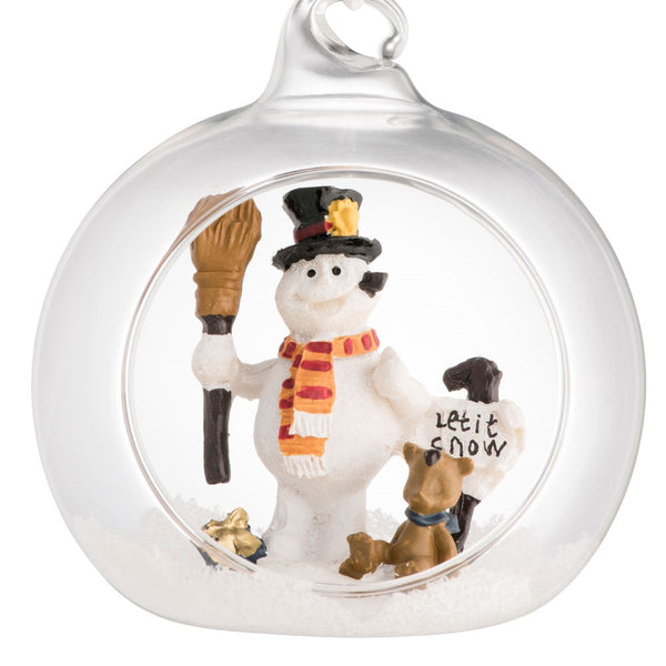 Galway Crystal Let It Snow Hanging Bauble with snowman and dog, 10cm tall Christmas ornament – Keans Claremorris