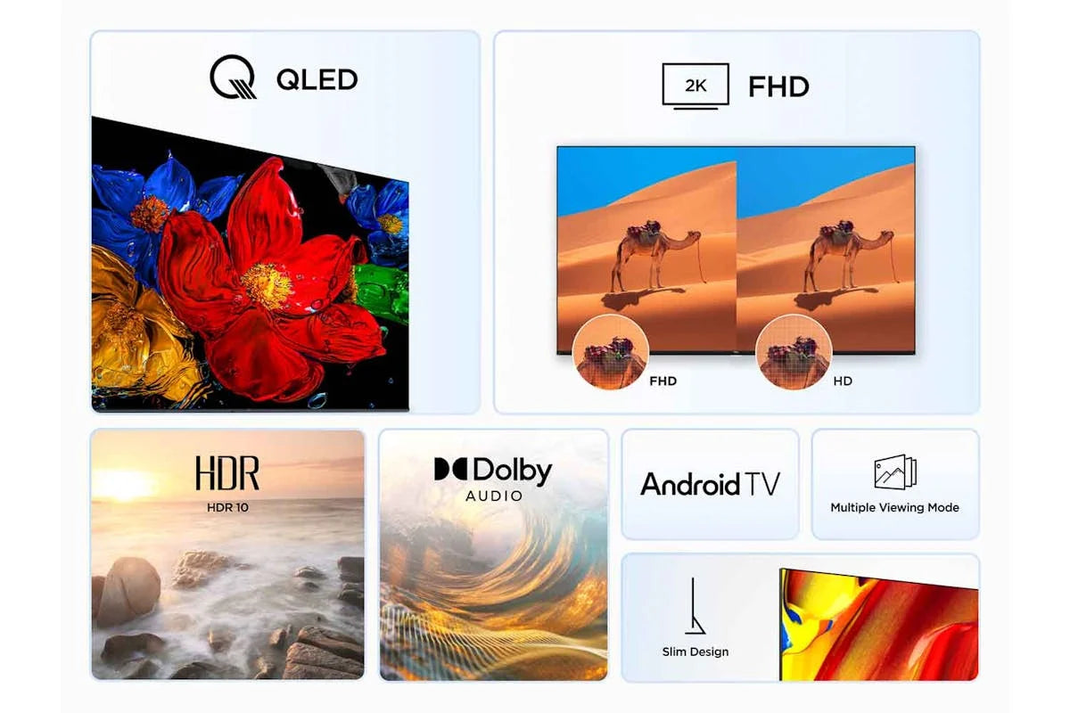 TCL 32" V5C Series QLED Smart TV features vibrant colors, 2K FHD, HDR10, Dolby Audio, and slim design icons.