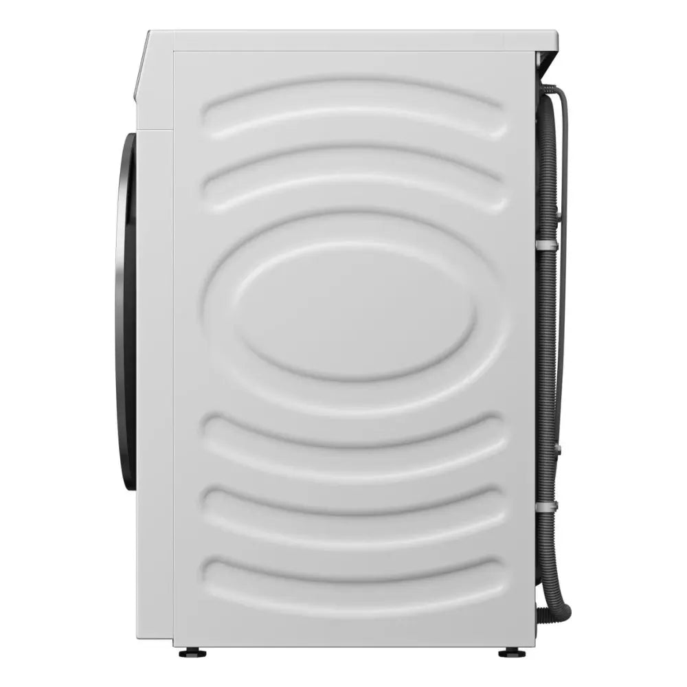 Side view of Hisense 5S Series 12 kg white washing machine showing textured panel and attached hoses.