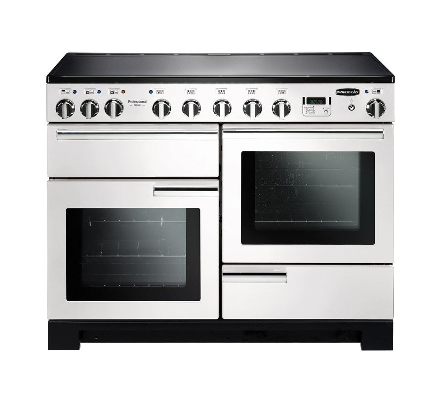 Rangemaster Professional Deluxe 110 induction cooker with dual ovens, control knobs, and digital display panel.