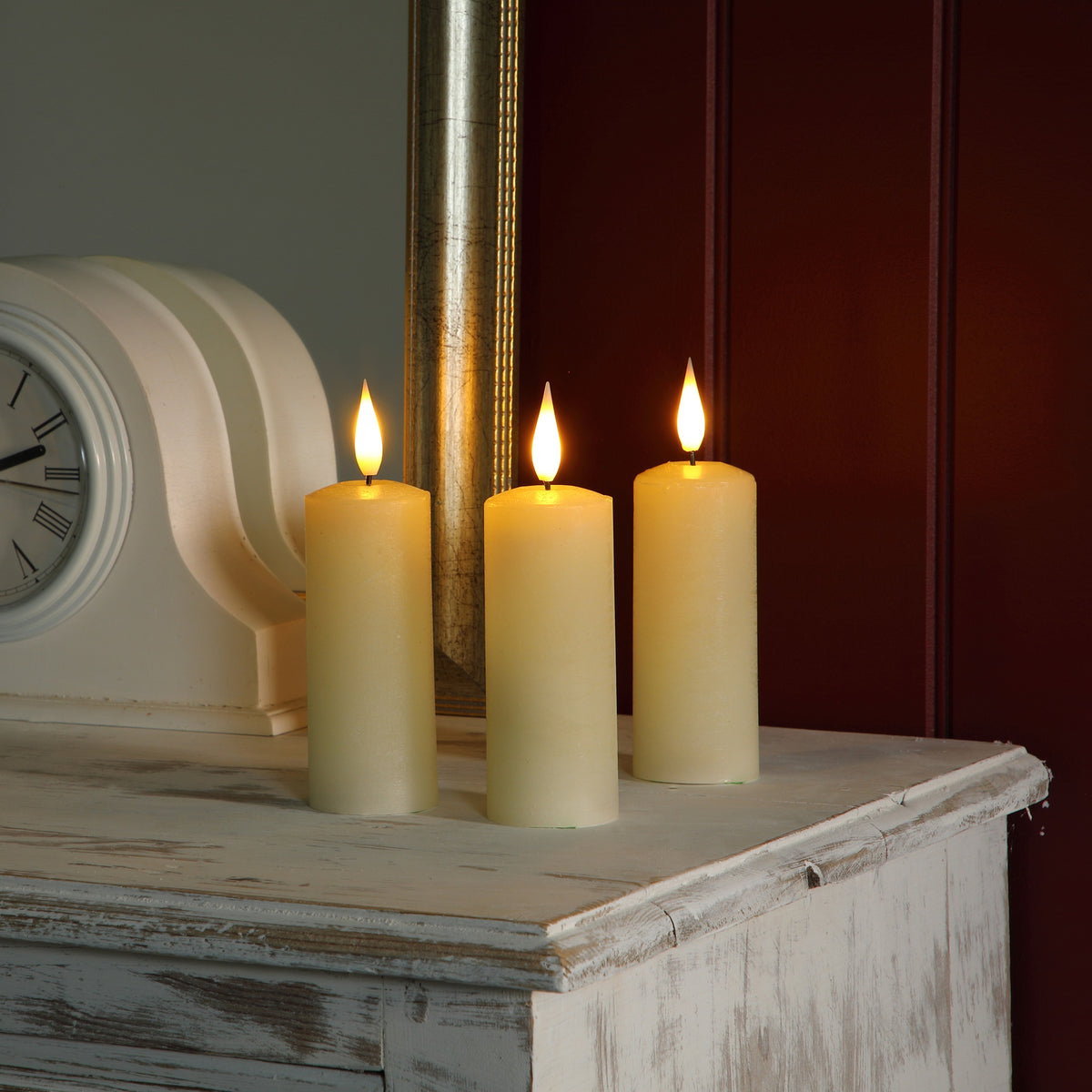 Alderbrook Ivory Slim LED Pillar Candles 12.5cm – Set of 3 - Image 1