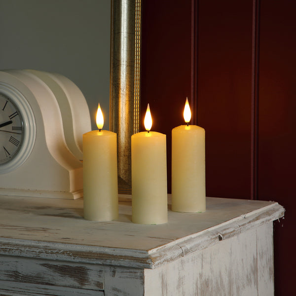 Alderbrook Ivory Slim LED Pillar Candles 12.5cm – Set of 3