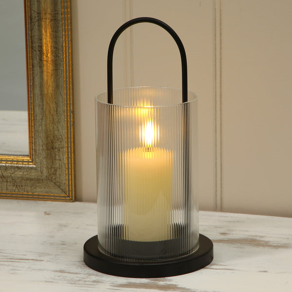 Alderbrook Rippled Glass Hurricane Lantern with LED Candle 24cm