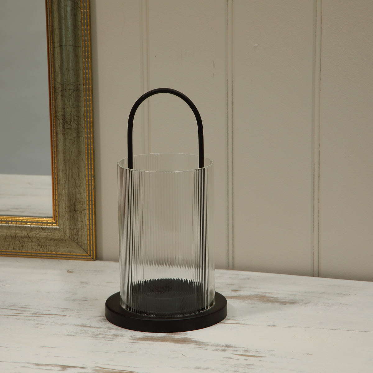 Alderbrook Rippled Glass Hurricane Lantern with LED Candle 24cm - Image 2