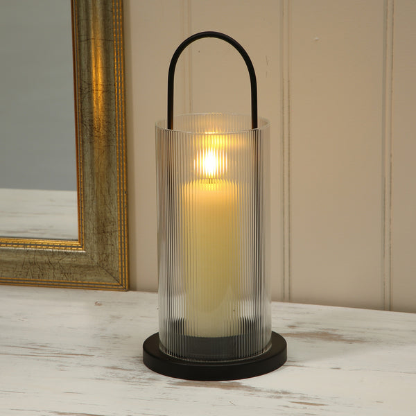 Alderbrook Rippled Glass Hurricane Lantern with LED Candle 29cm