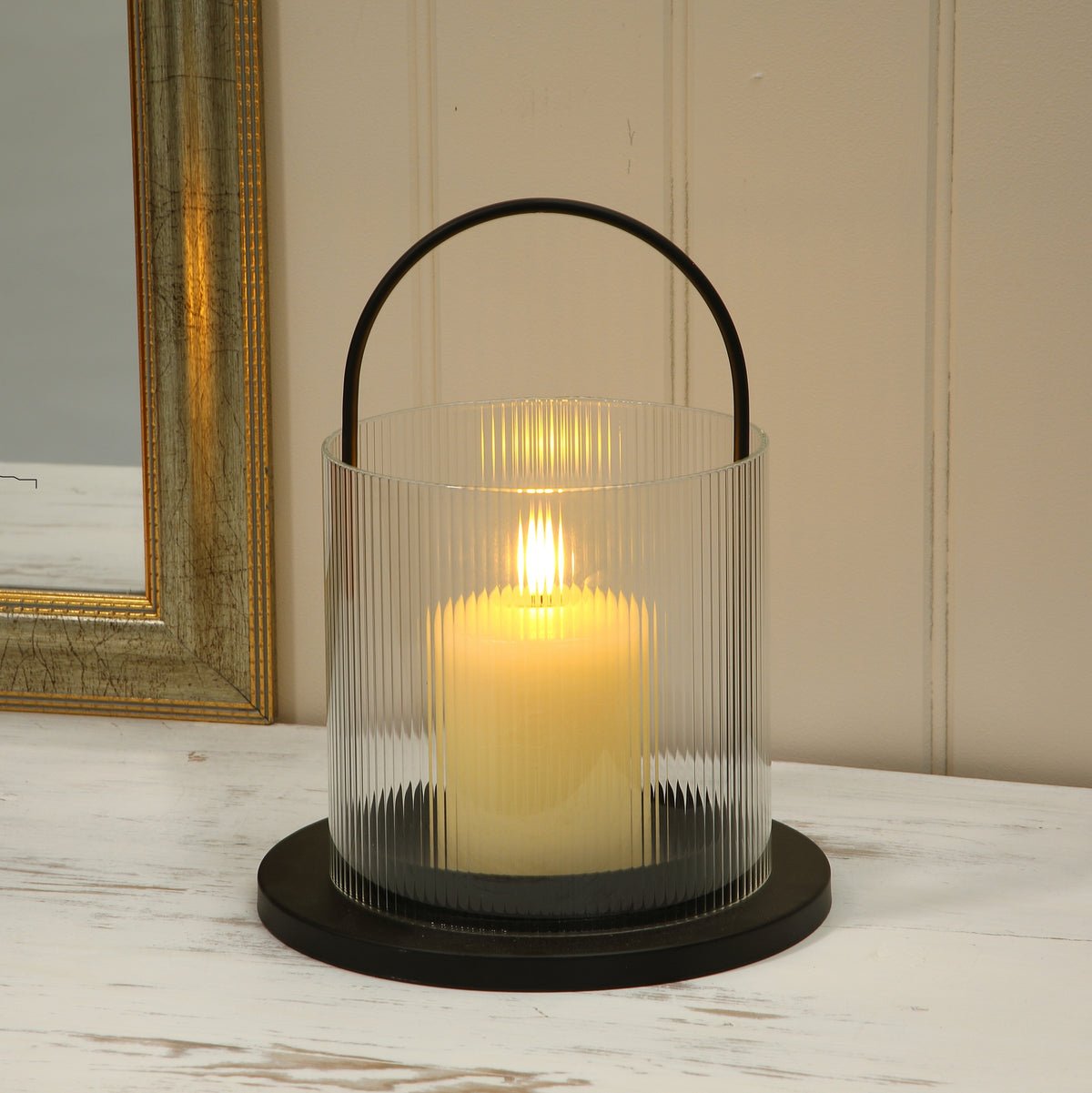 Alderbrook Large Rippled Glass Hurricane Lantern with LED Candle 24.5cm - Image 1