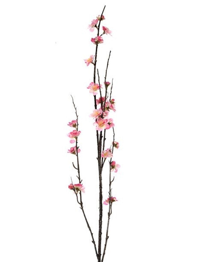 Tall artificial cherry blossom branch with soft pink flowers on dark brown stems against white background