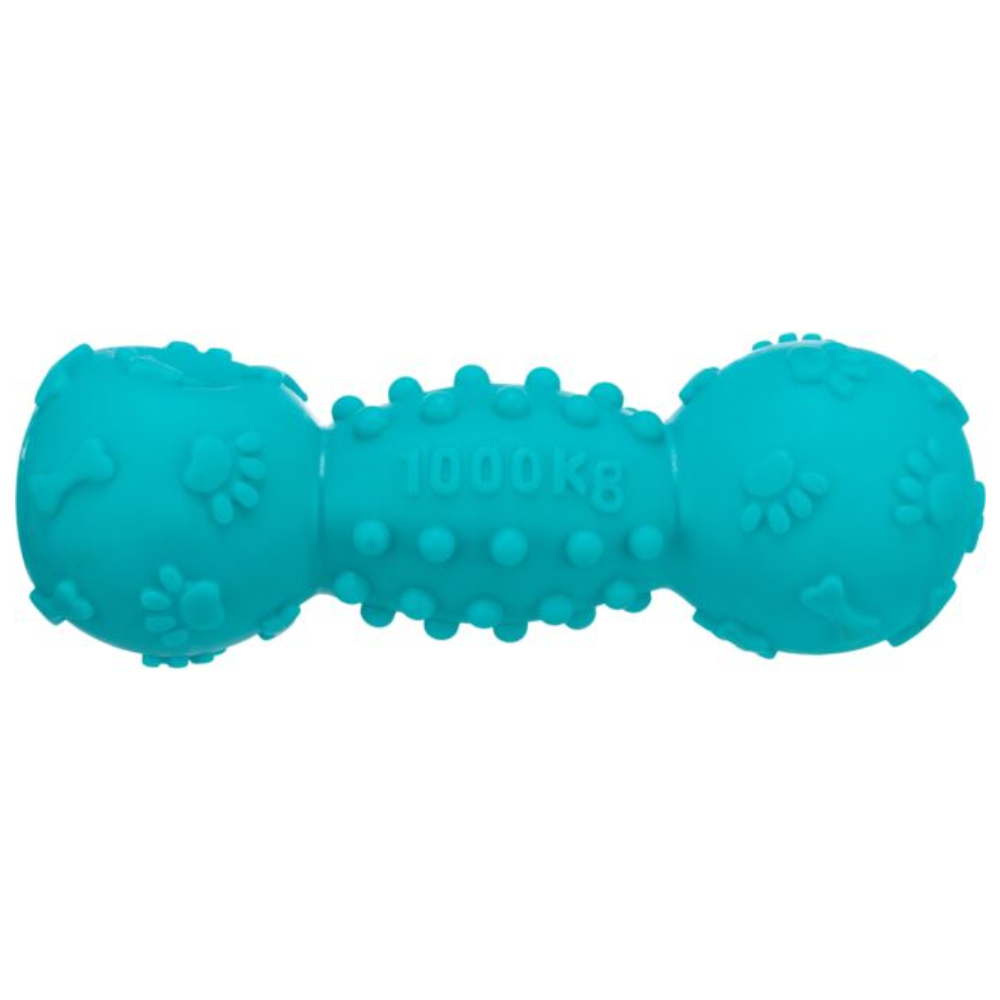 Pink 19cm Vinyl Bones Dumbbell dog toy with squeaker and textured spikes for grip – Keans Claremorris