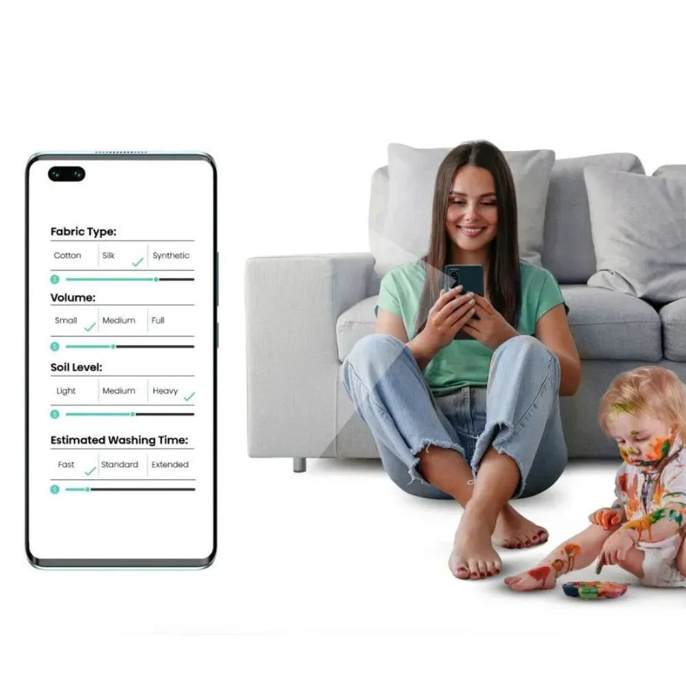 Woman using phone next to toddler covered in paint, illustrating Hisense 5S Series washing machine app control.
