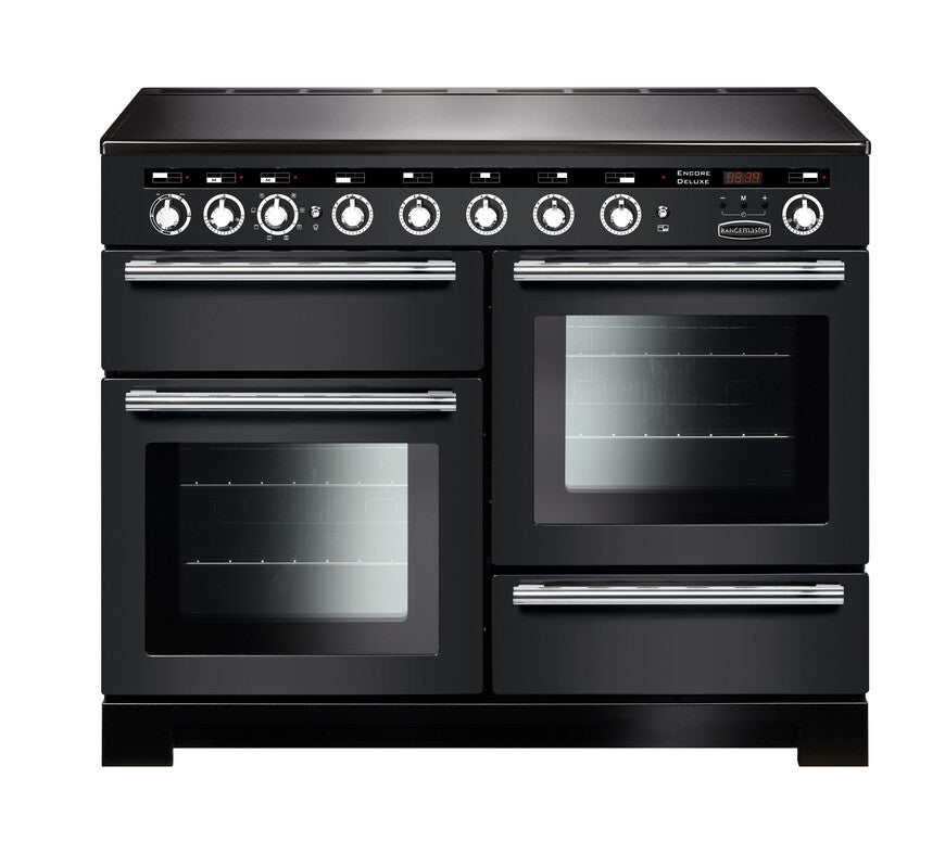 Rangemaster Encore Deluxe 110 induction range cooker in black with chrome handles and control knobs, front view.