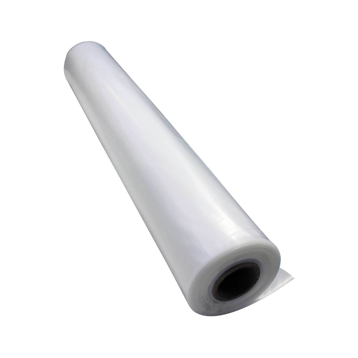 Roll of heavy clear polythene protection film with a visible black core on a white background.