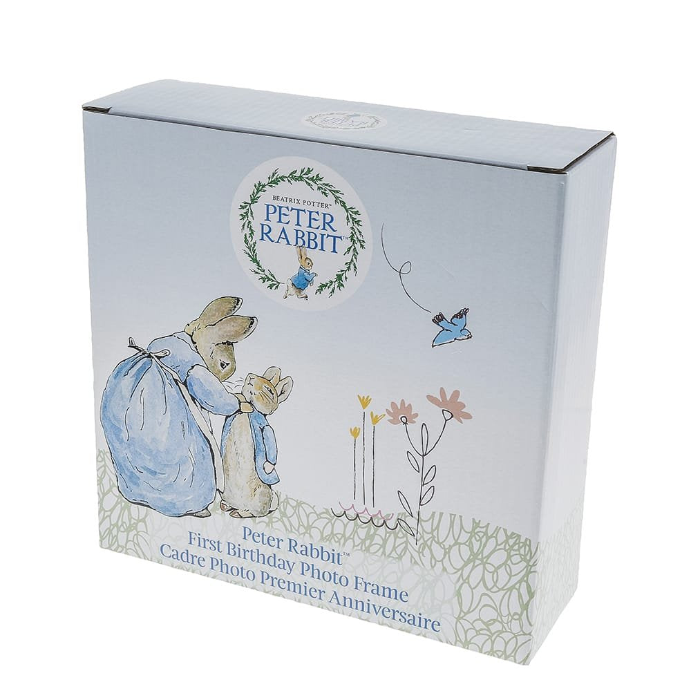 Peter Rabbit first birthday photo frame in white box with vintage rabbit and floral illustrations
