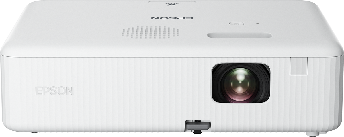 White Epson 3000 Lumens 1080p projector front view showing lens and textured casing