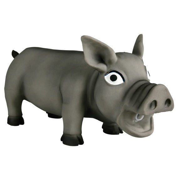 Grey latex pig dog toy with squeaker, fleece lining, 21cm, perfect for fetch - Keans Claremorris