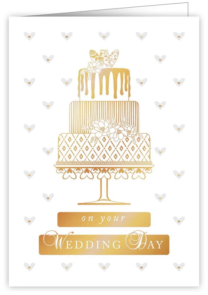 Quire Wedding Day card with gold-foil three-tier wedding cake and scattered small hearts on white background.