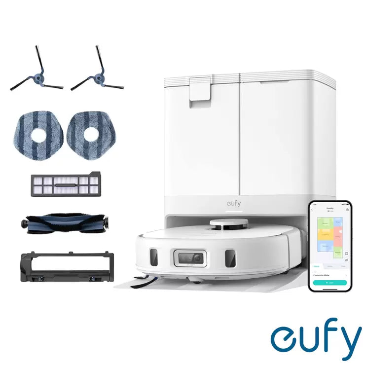 Eufy X10 Pro Omni robot vacuum and mop with charging station, accessories, and smartphone app display in white.