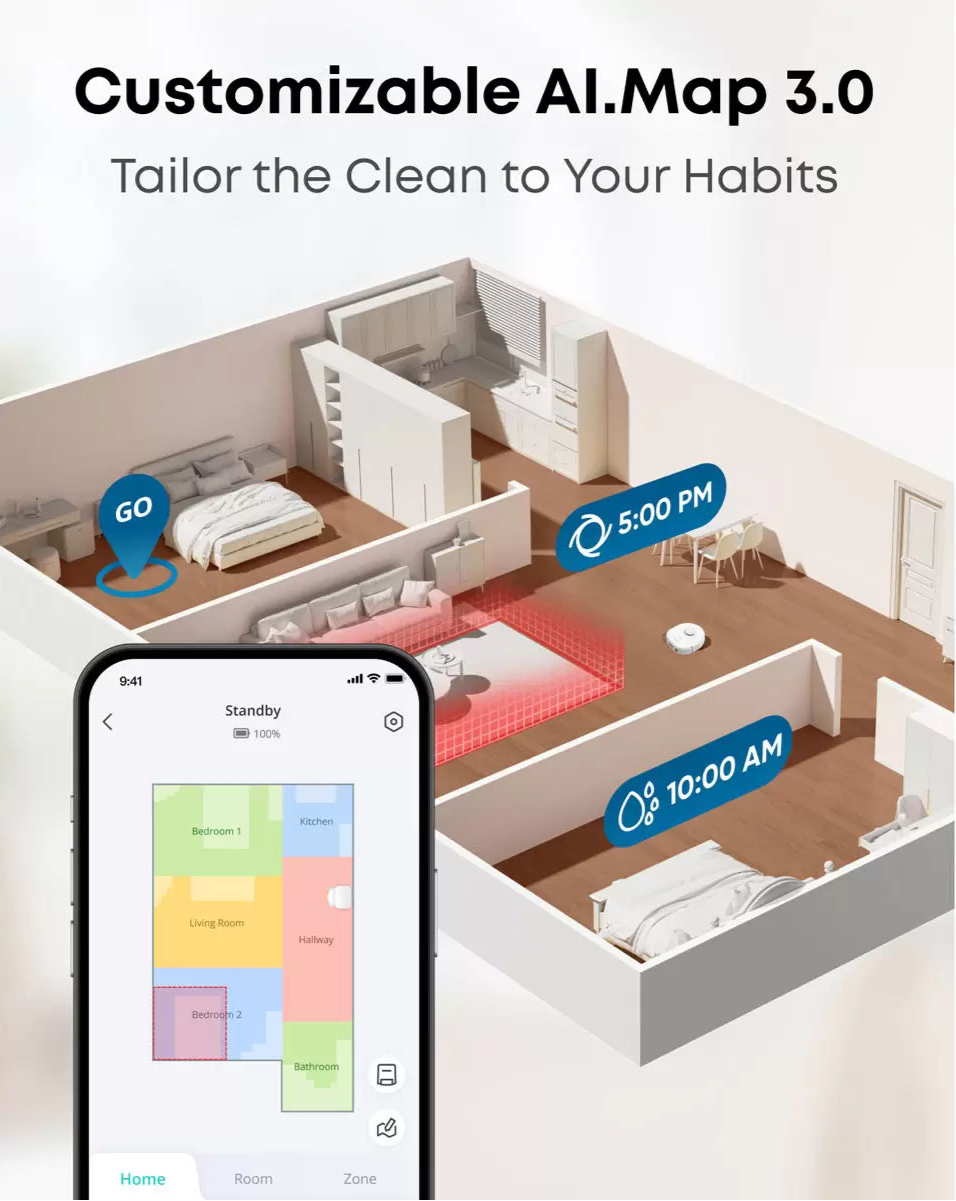 Eufy X10 Pro Omni robot vacuum and mop shown in a 3D home layout with app scheduling and cleaning zones.