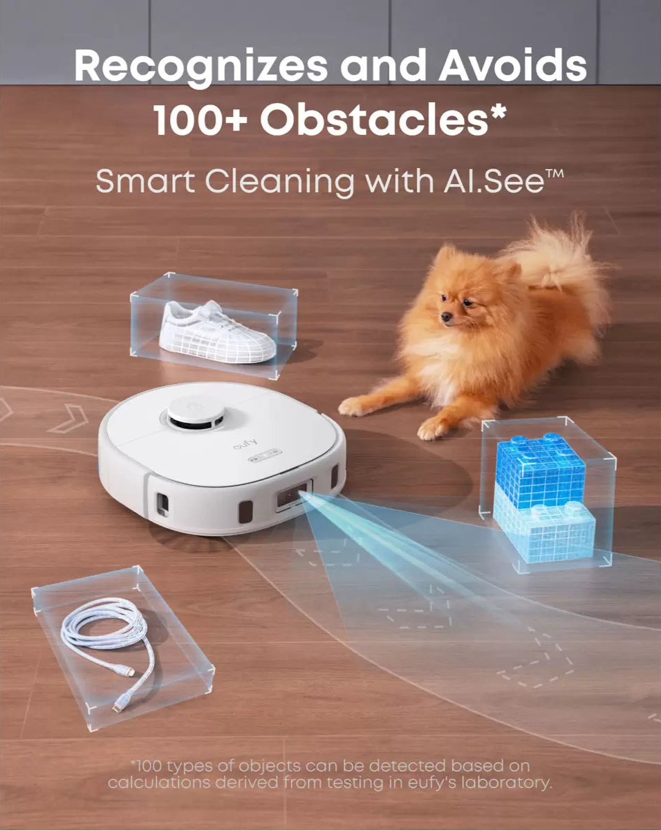 Eufy X10 Pro Omni robot vacuum avoiding obstacles like a shoe, cable, and toy blocks near a small dog.