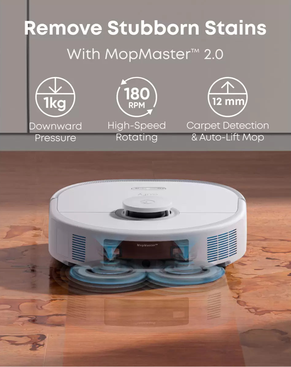 Eufy X10 Pro Omni robot vacuum and mop cleaning a wooden floor with dual rotating mop pads visible underneath.