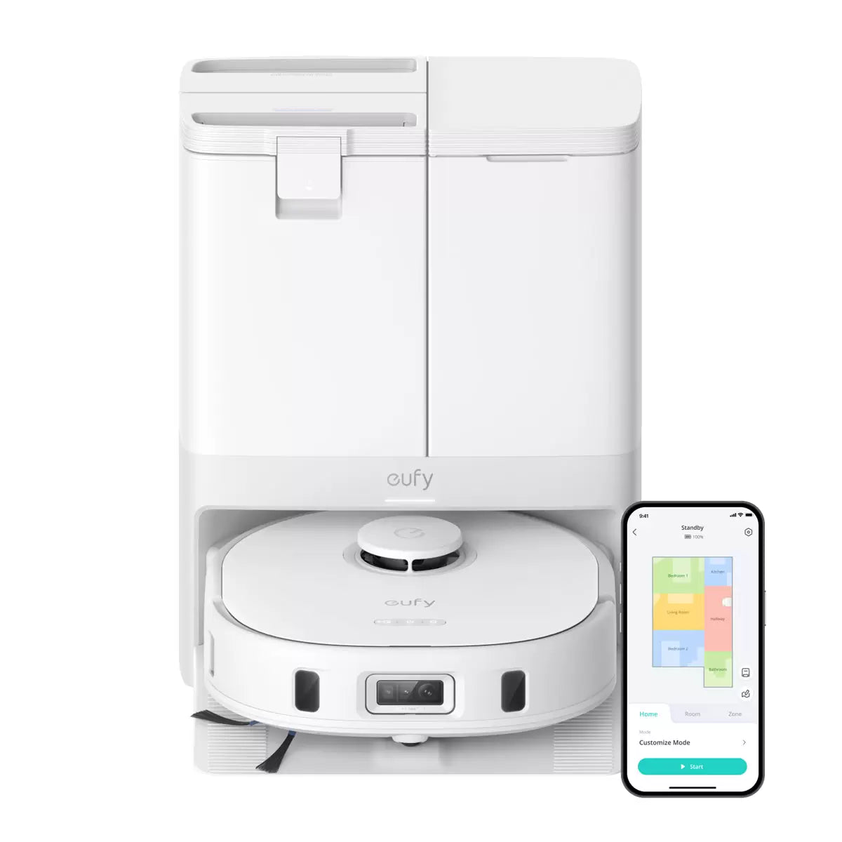 White Eufy X10 Pro Omni robot vacuum and mop with charging station and smartphone app showing room map.