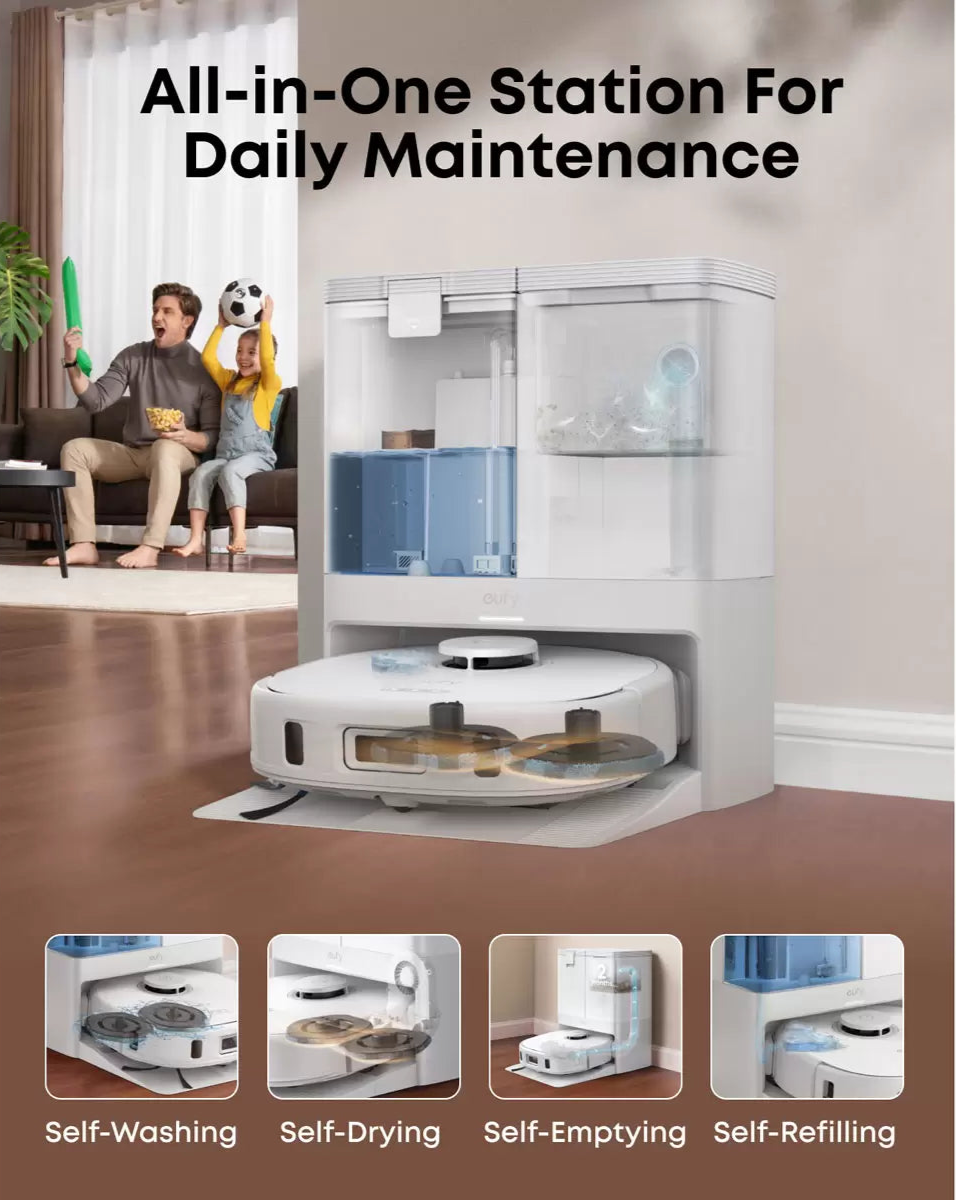 Eufy X10 Pro Omni robot vacuum and mop docked in white all-in-one maintenance station on wooden floor