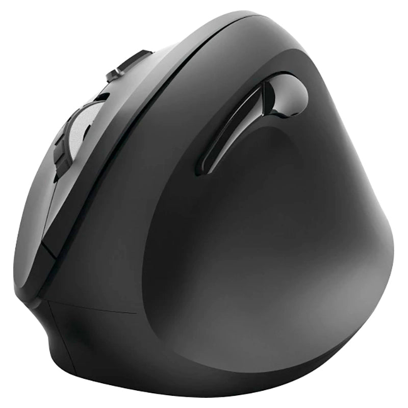 Black Hama EMW-500 ergonomic vertical wireless mouse angled to show side buttons and scroll wheel