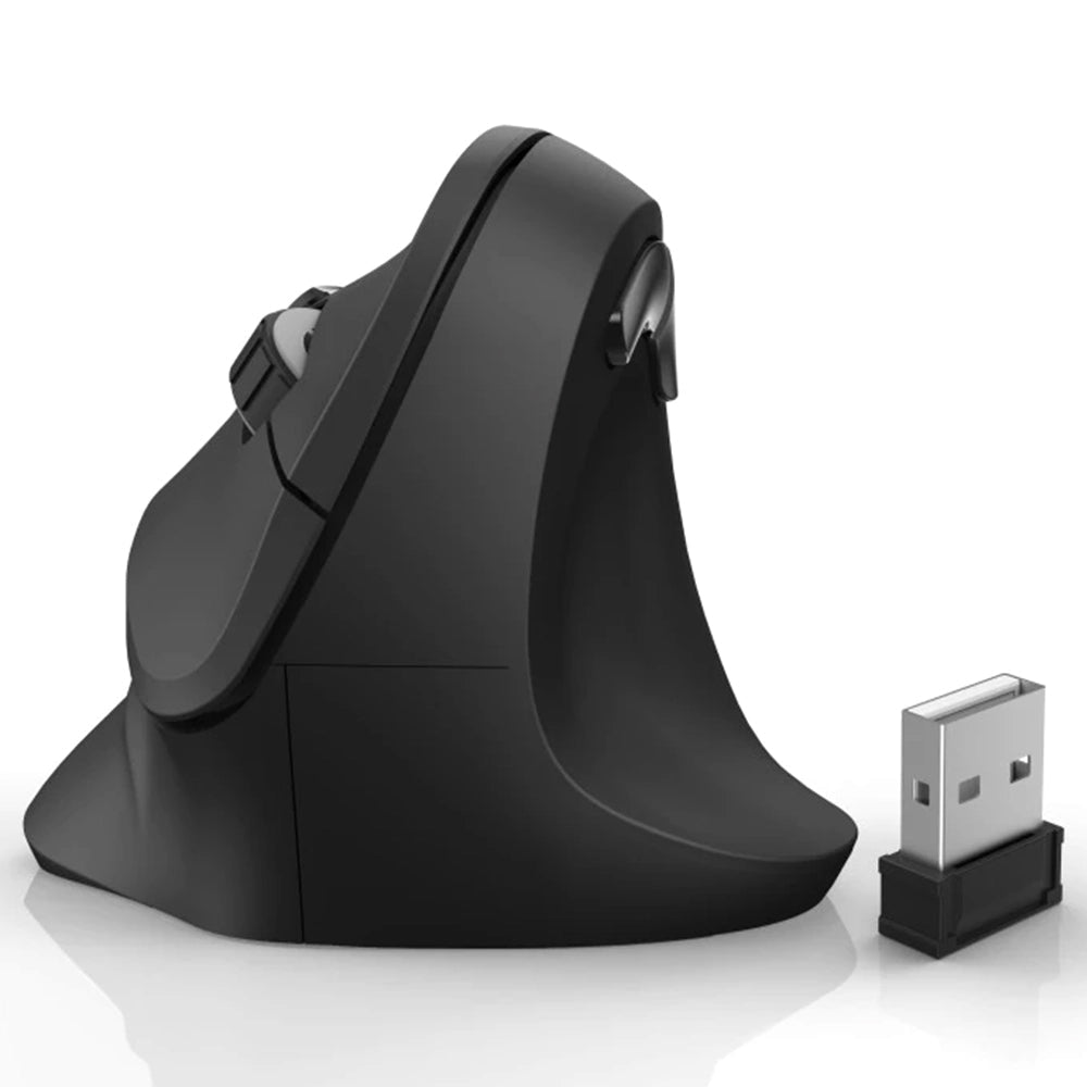 Black Hama EMW-500 ergonomic wireless mouse shown upright with USB receiver beside it on white background
