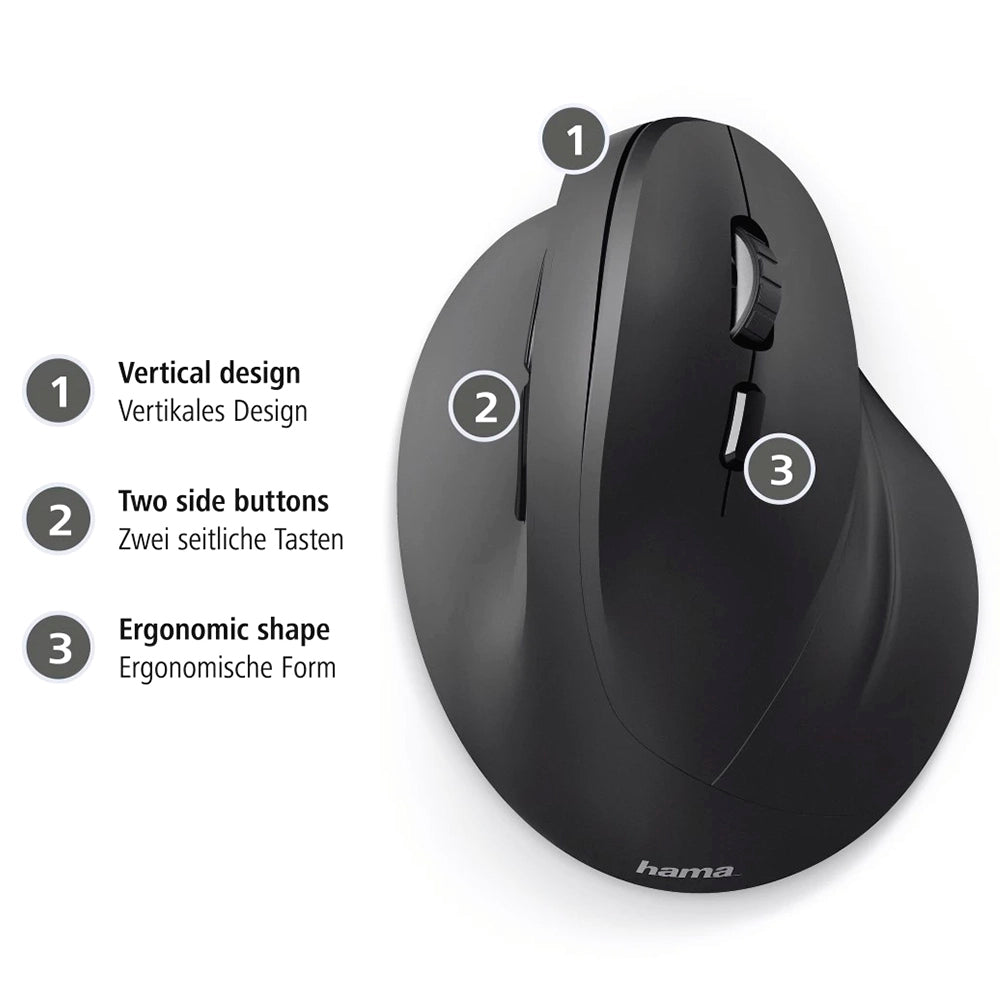 Black Hama EMW-500 ergonomic wireless mouse with vertical design, scroll wheel, and two side buttons.