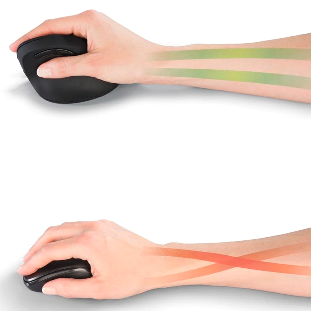 Hand holding Hama EMW-500 black ergonomic wireless mouse showing wrist alignment comparison.