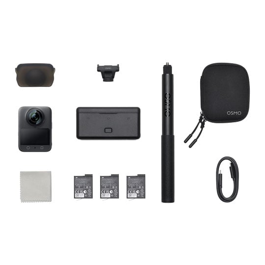 DJI Osmo 360 Adventure Combo with camera, batteries, charging hub, selfie stick, case, lens cap, cloth, and USB cable.