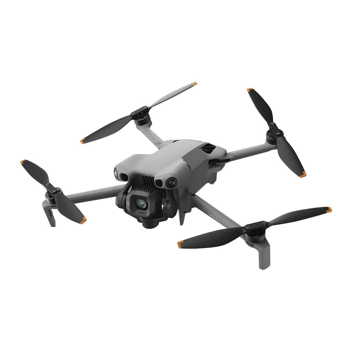 DJI Mini 5 Pro drone in gray with four propellers and front-facing camera visible on white background