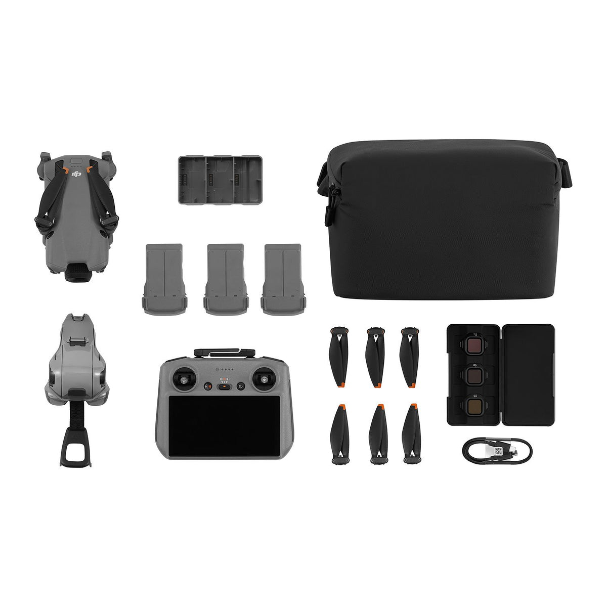 DJI Mini 5 Pro Fly More Combo with drone, remote, batteries, propellers, filters, charger, and carrying case laid out on