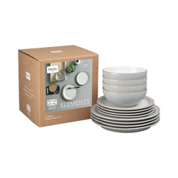 Denby Elements Light Grey 12 Piece Ceramic Tableware Set, durable, dishwasher safe, modern style – Keans Claremorris