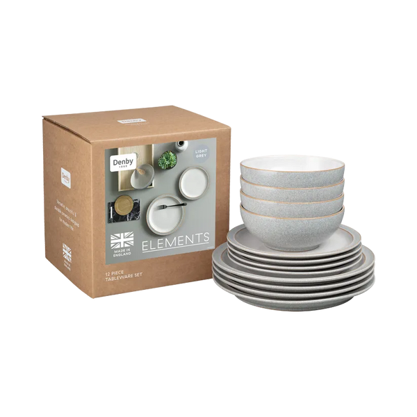 Denby Elements Light Grey 12 Piece Ceramic Tableware Set, durable, dishwasher safe, modern style – Keans Claremorris