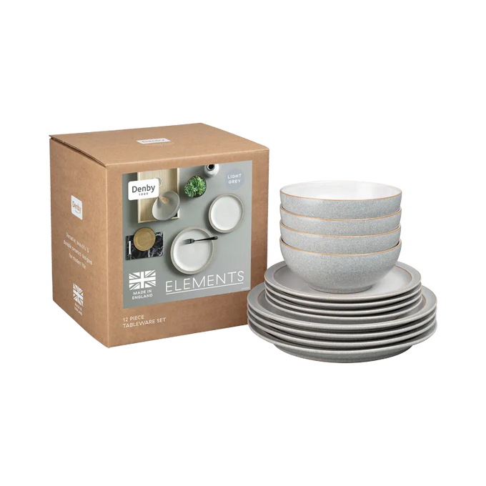 Denby Elements Light Grey 12 Piece Ceramic Tableware Set, durable, dishwasher safe, modern style – Keans Claremorris