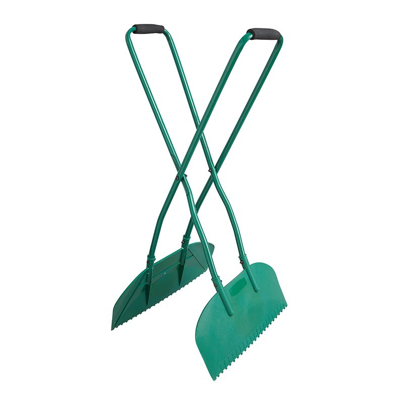 Two green Easy Leaf Grabbers with foam handles and wide scoops with serrated edges, crossed on a white background