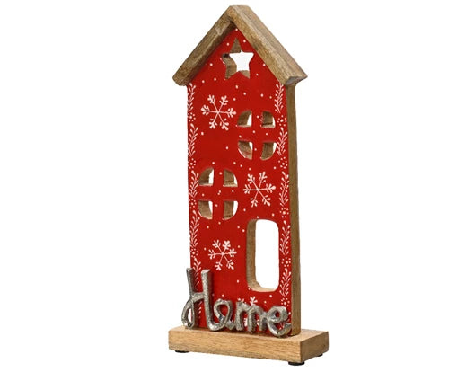 Handpainted red and white enamel Mangowood house, 9x5x18cm, handcrafted decor by Keans Claremorris