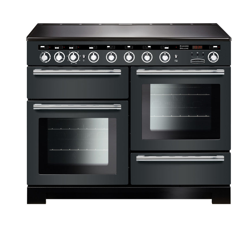 Rangemaster Encore Deluxe 110 induction range cooker in black with chrome handles and control knobs, front view.
