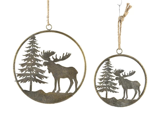 Scenery Hanging Decoration Set – Moose and Tree, Antique Gold Set of 2