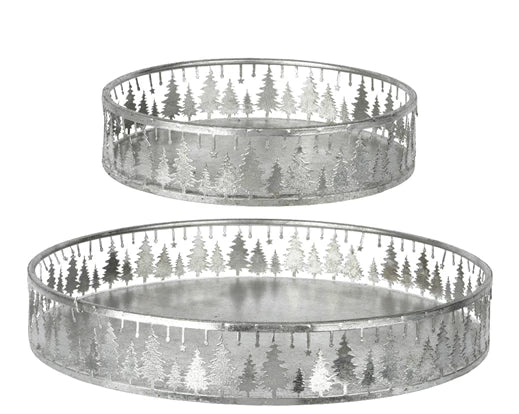Decorative Iron Tray – Round with Silver-Washed Tree Scenery 2 Sizes - Image 1