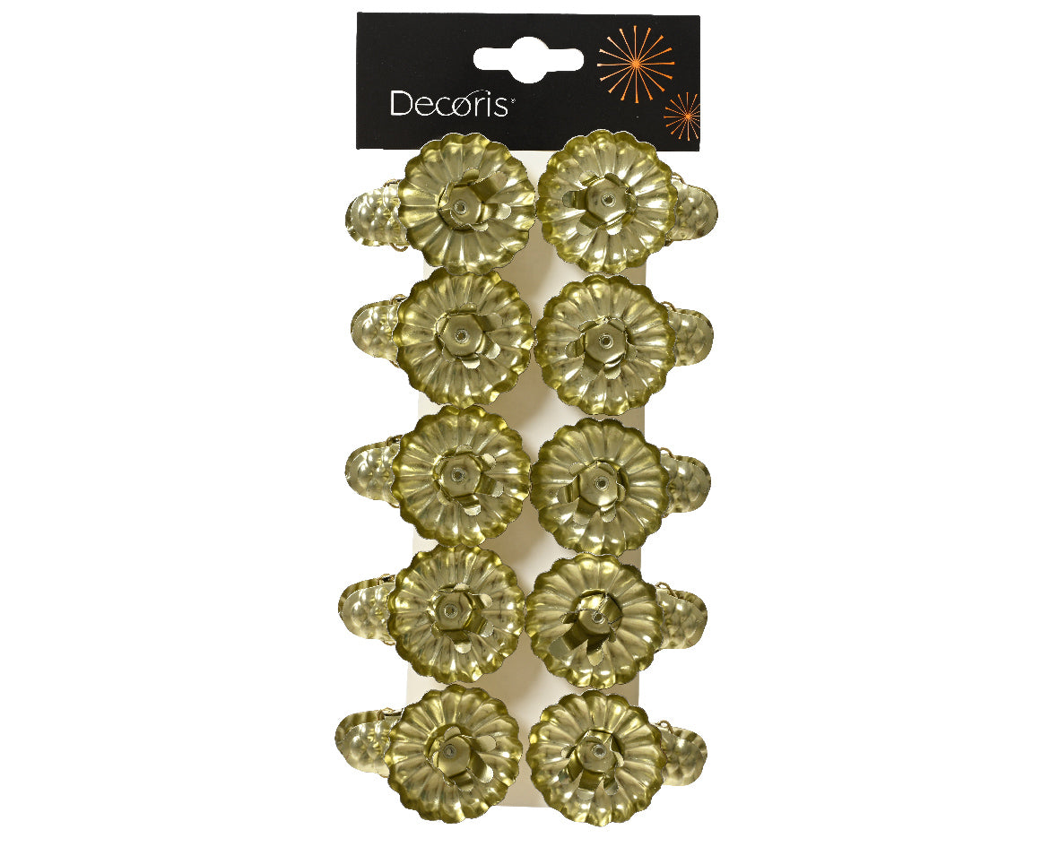 Pack of 10 gold clip candleholders for mini candles, shiny iron finish, secure grip for Christmas décor – Keans Claremorris