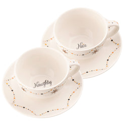Aynsley Naughty or Nice cappuccino cup & saucer set of 2 with festive Scandi design, gold accents, gift box – Kean’s