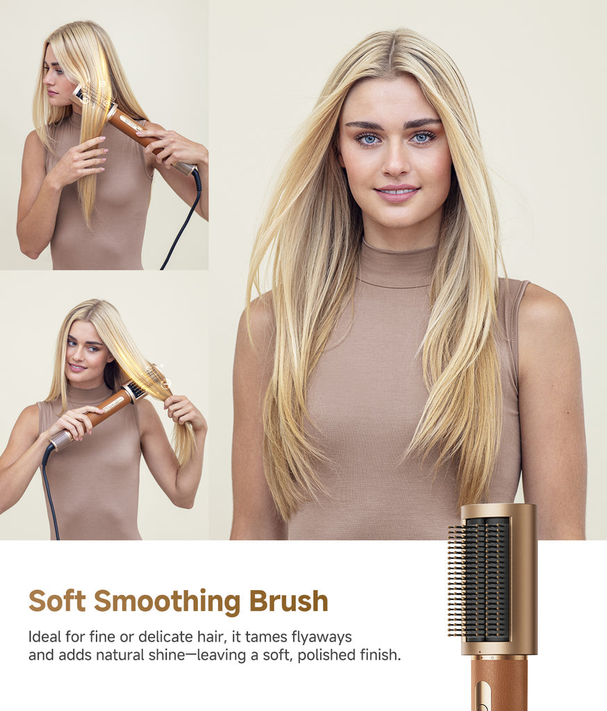 Dreame AirStyle Pro 7-in-1 Hair Styler soft smoothing brush in use on long blonde hair with polished finish