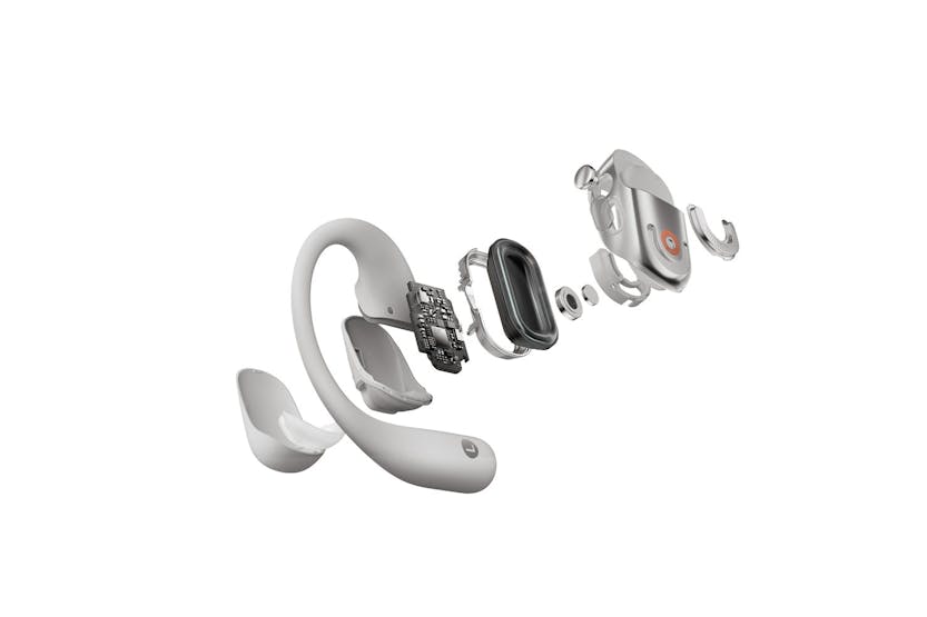 Grey Shokz OpenFit 2+ True Wireless Earbud shown in an exploded view revealing internal components.