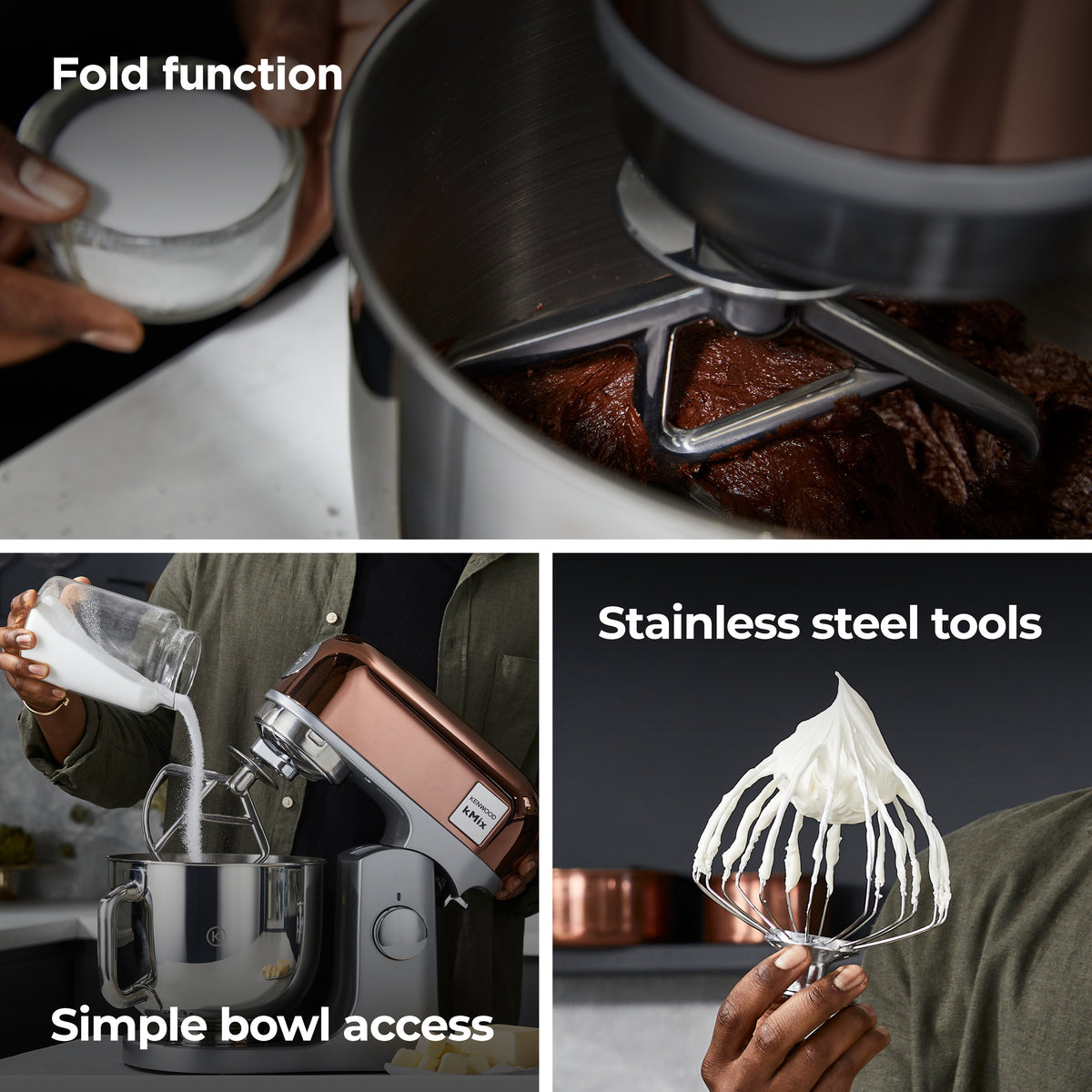 Close-up of Kenwood kMix rose gold mixer with chocolate dough in stainless steel bowl and mixing attachment.